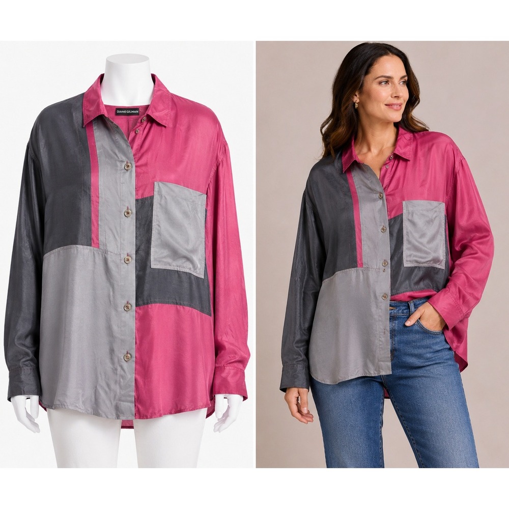 Diane Gilman Button Down Shirt Womens Medium Pink Gray Silk Colorblock Vintage